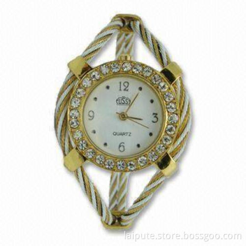 Gold Plating Watch with Unique Steel Wire Strap and Golden Watch Case, MOQ of 500 Pieces